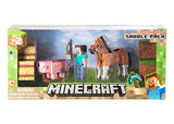 Minecraft Figure Set Overworld Saddle Pack (Steve w/Whip Chestnut Horse , Pig w/Saddle , 2 x hay Bale , 2 x Grass Blocks)