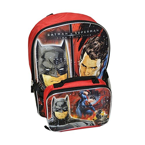 DC Comics Batman V Superman Boys Large Backpack With Lunch Box (One size, Red/Black)