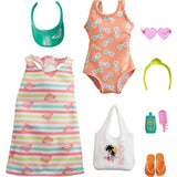 Barbie Storytelling Fashion Pack of Doll Clothes Inspired by Roxy: Striped Dress, Roxy Swimsuit & 7 Beach-Themed Accessories Dolls Including Frozen Treat, Gift for 3 to 8 Year Olds