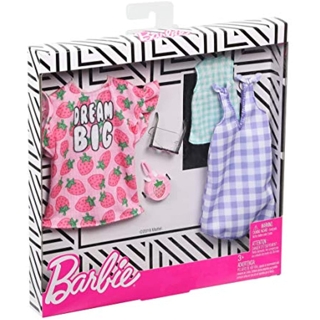 Barbie Clothes, 2 Outfits Doll Include a Strawberry-Print Dress, a Checked Dress and Top, Plus a Strawberry-Decorated Purse and Heart-Shaped Sunglasses, Gift for 3 to 8 Year Olds