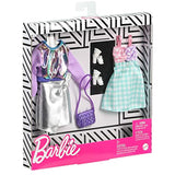 Barbie Fashions 2-Pack Clothing Set, 2 Outfits Doll Include Iridescent Sweatshirt, Silvery Metallic Skirt, Gingham Dress & 2 Accessories, for Kids 3 to 8 Years Old