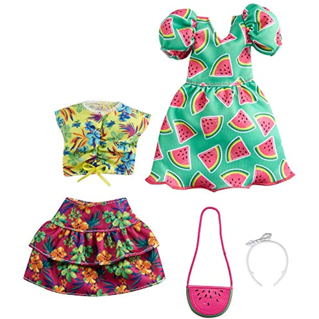 Barbie Fashions 2-Pack Clothing Set, 2 Outfits Doll Include Watermelon-Print Dress, Floral Skirt, Tropical Tank & 2 Accessories, Gift for Kids 3 to 8 Years Old