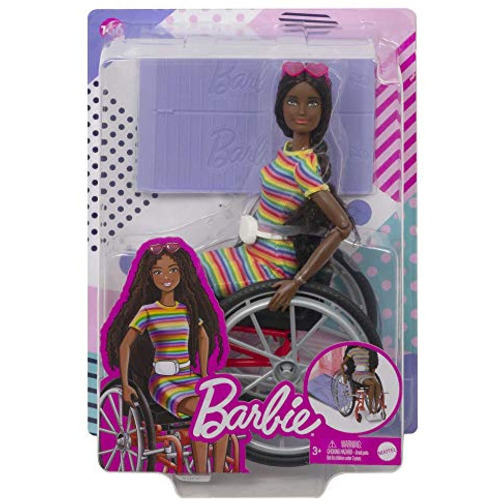 Barbie Fashionistas Doll #166, with Wheelchair & Crimped Brunette Hair Wearing Rainbow-Striped Dress, White Sneakers, Sunglasses & Fanny Pack, Toy for Kids 3 to 8 Years Old