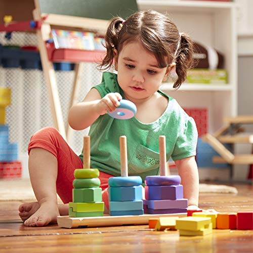 Melissa & Doug Geometric Stacker Toddler Toy (Developmental Toys, Rings, Octagons, and Rectangles, 25 Colorful Wooden Pieces, Great Gift for Girls and Boys - Best for 2, 3, and 4 Year Olds)