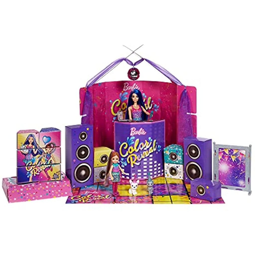 Barbie Color Reveal Surprise Party Set with 50+ Surprises: 1 Doll, 1 Chelsea Doll, 2 Pets, 6 Color-Change Activations, Accessories & More, Dance Party-Themed Set, Gift for Kids 3 Years Old & Up