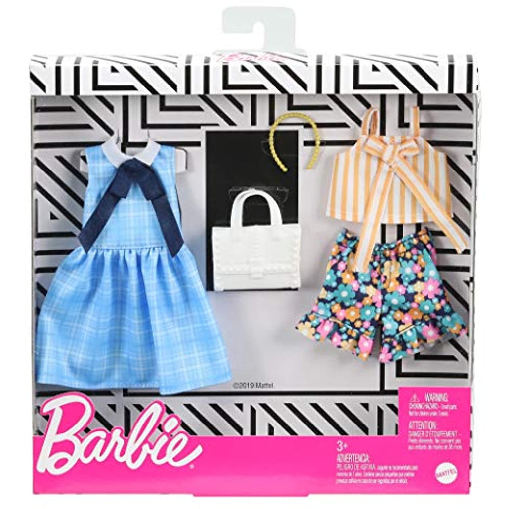 Barbie Fashions 2-Pack Clothing Set, 2 Outfits Doll Include Blue Plaid Dress, a Striped Tie Top, Floral Shorts & 2 Accessories, for Kids 3 to 8 Years Old