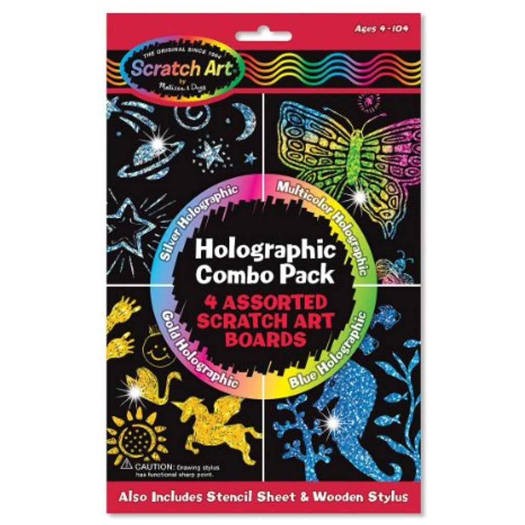 Melissa & Doug  5806 Holographic 4 Assorted Scratch Art Board Combo Pack with Stencil Sheet and Wooden Stylus