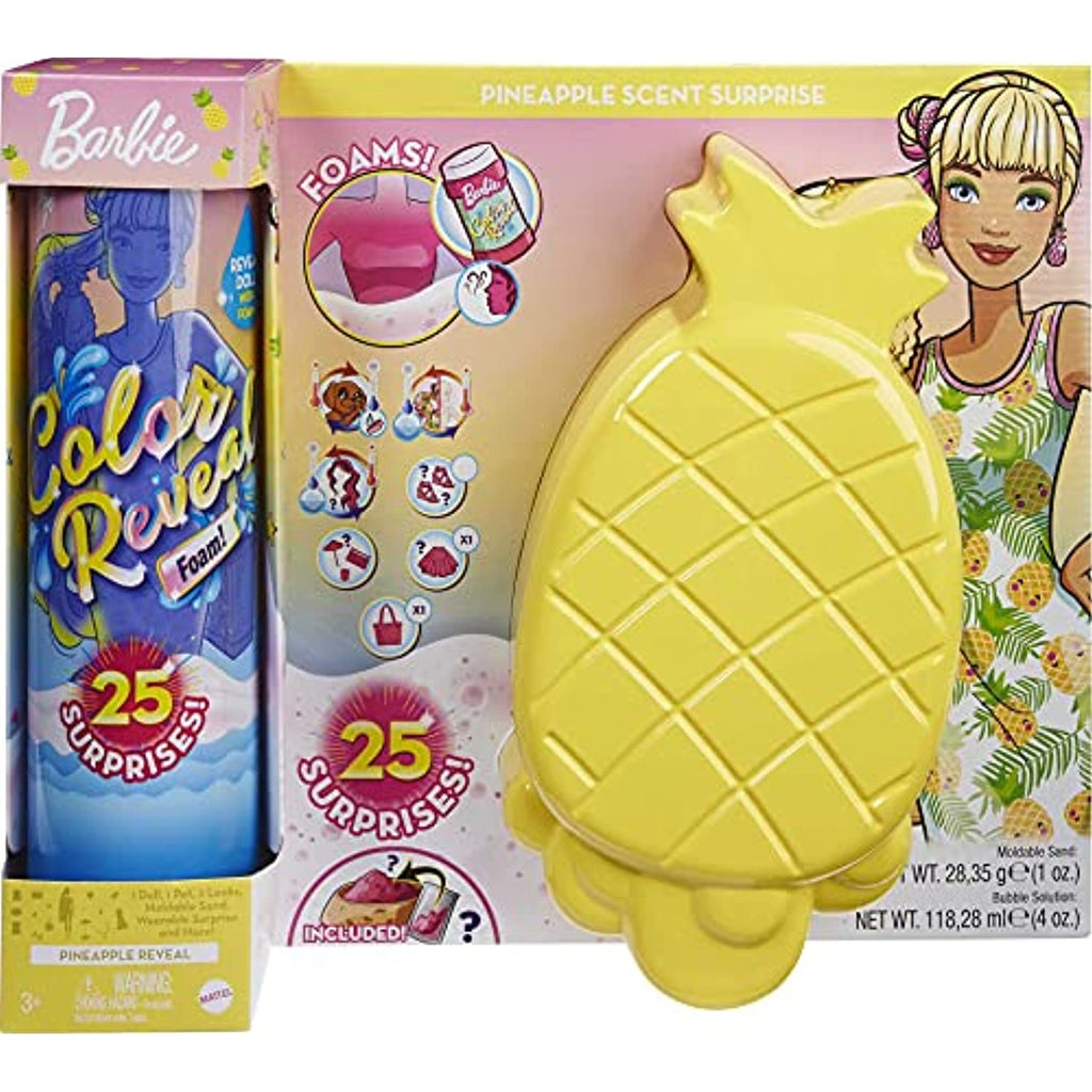 Barbie Color Reveal Foam! Doll & Pet Friend with 25 Surprises: Scented Bubble Solution, Outfits, Hair Extension, Kid Bracelet & Charm Hidden in Sand; Sunny Pineapple-Theme; for Kids 3 Years & Up