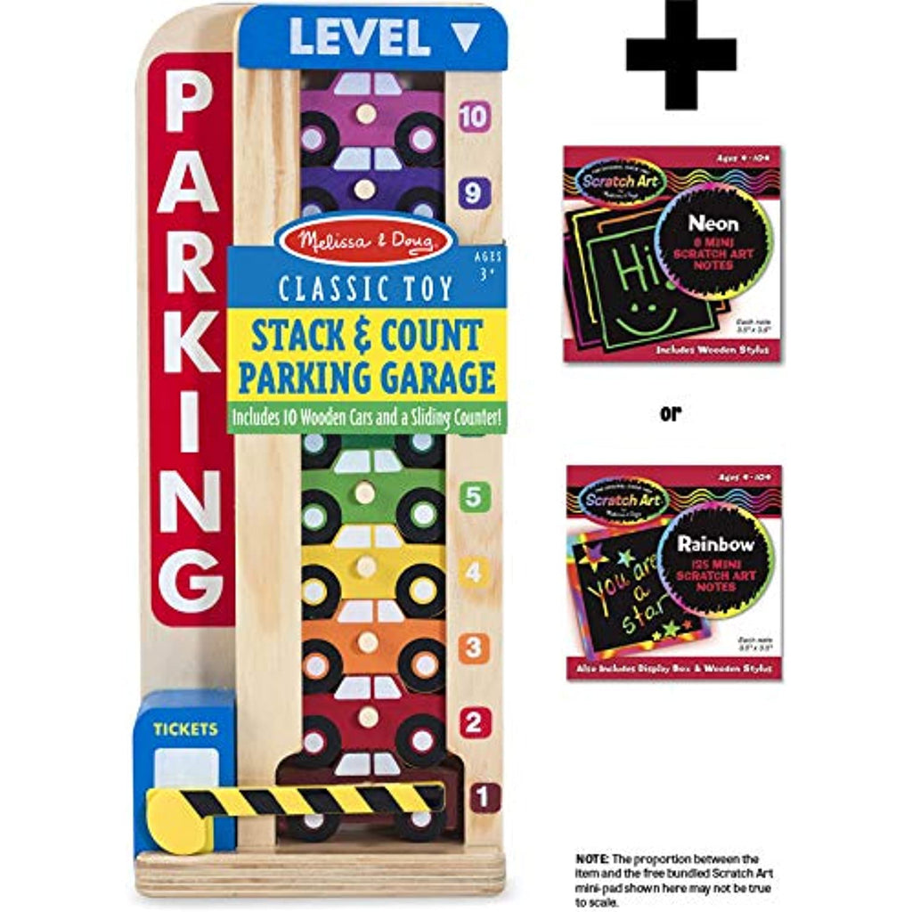 Melissa & Doug Wooden Stack & Count Parking Garage Classic Toy + Free Scratch Art Mini-Pad Bundle [51828]