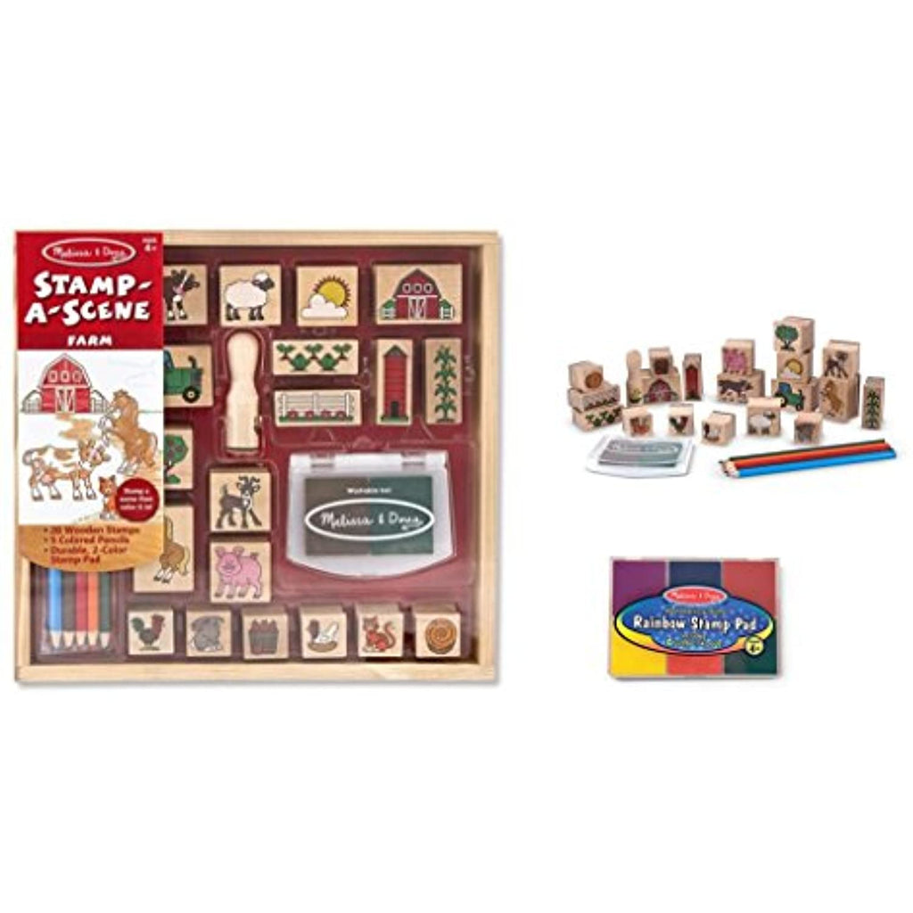 Melissa & Doug Wooden Stamp Set Bundle - Stamp a Scene - Farm with Bonus Rainbow Stamp Pad