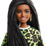 Barbie Fashionistas Doll with Long Brunette Braids Wearing Neon Green Animal-Print Top, Pink Shorts, White Sandals & Earrings, Toy for Kids 3 to 8 Years Old