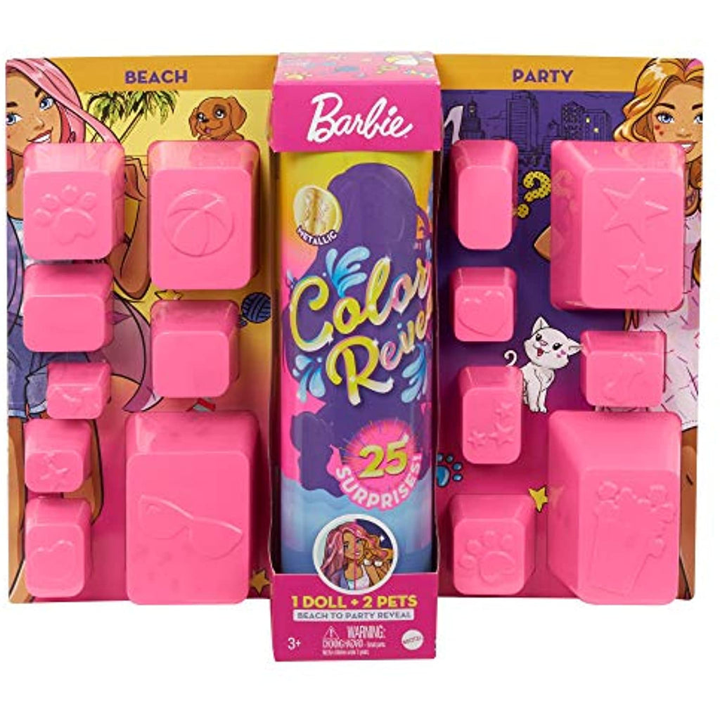 Barbie Color Reveal Doll Set with 25 Surprises Including 2 Pets & Day-to-Night Transformation: 15 Mystery Bags Contain Doll Clothes & Accessories for 2 Looks; Water Reveals Look of Metallic Doll
