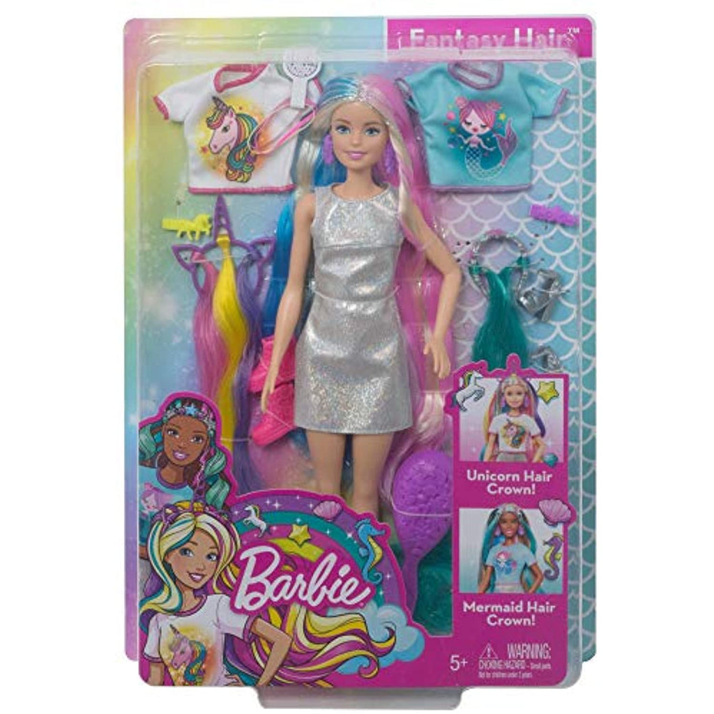 Barbie Fantasy Hair Doll, Blonde, with 2 Decorated Crowns, 2 Tops & Accessories for Mermaid and Unicorn Looks, Plus Hairstyling Pieces, for Kids 3 to 7 Years Old