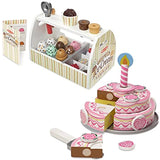 Melissa & Doug Bundle Includes 2 Items Wooden Scoop and Serve Ice Cream Counter (28 pcs) - Play Food and Accessories Triple-Layer Party Cake Wooden Play Food Set