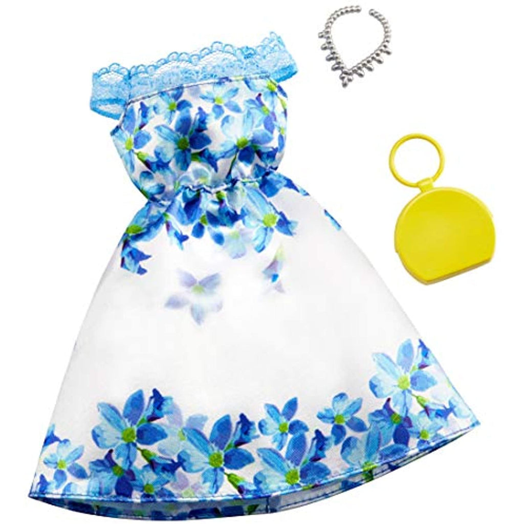Barbie Clothes: White and Blue Floral Dress, Plus 2 Accessories Dolls, Gift for 3 to 7 Year Olds, Multicolor (GHW79)