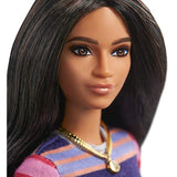 Barbie Fashionistas Doll with Long Brunette Hair Wearing Striped Dress, Orange Shoes & Necklace, Toy for Kids 3 to 8 Years Old