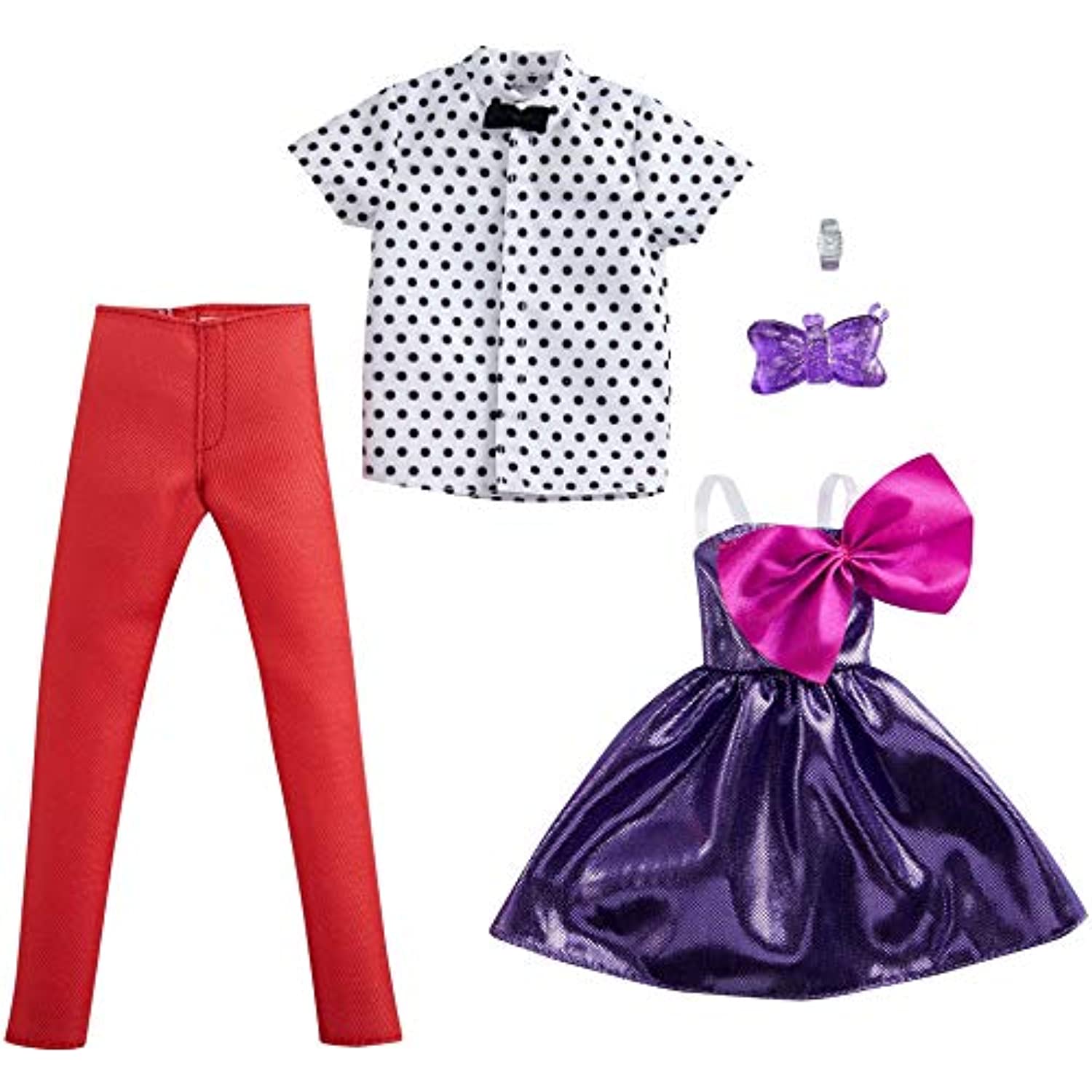 Barbie Fashion Pack with 1 Outfit 1 Accessory Doll, Purple Dress with Bow, 1 Each for Ken Doll, Polka Dot with Bow Tie, Gift for 3 to 8 Year Olds