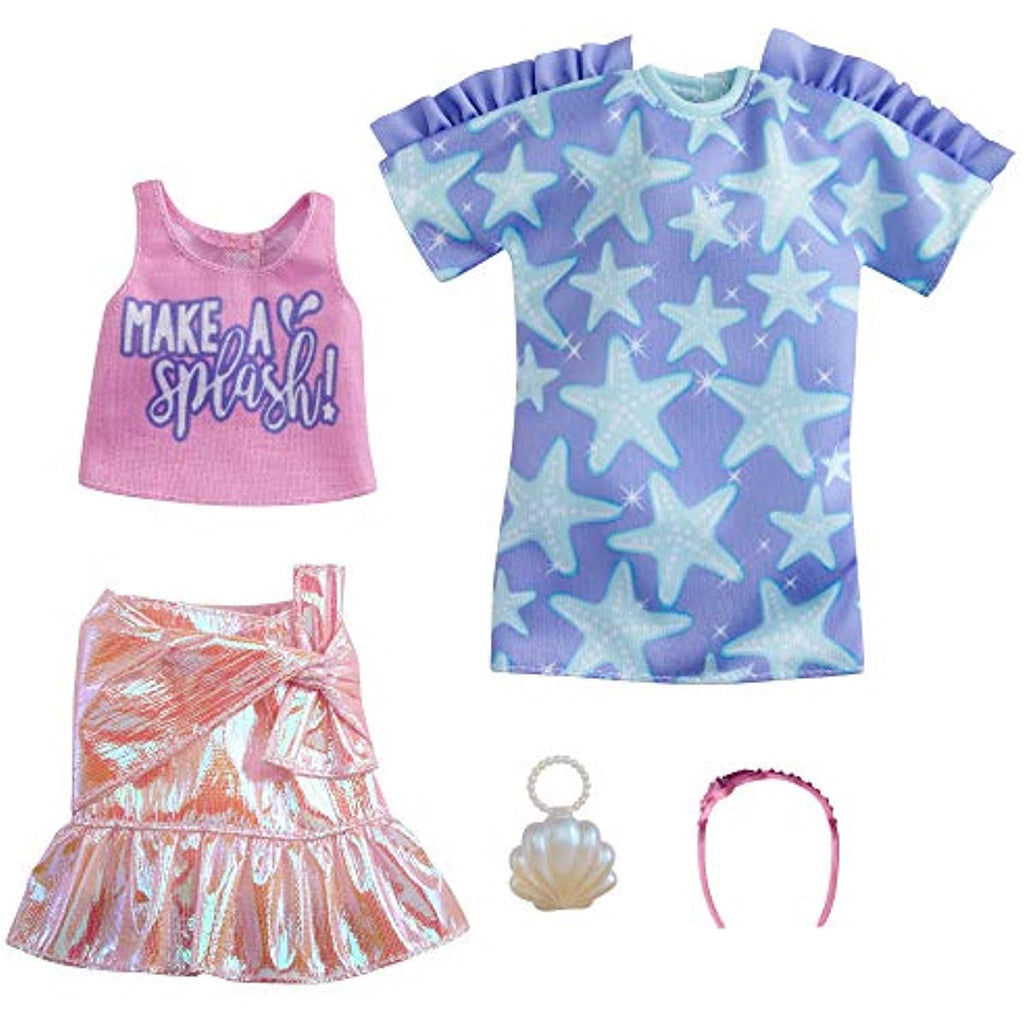 Barbie Fashions 2-Pack Clothing Set, 2 Outfits Doll Include Star-Print Dress, Pink Iridescent Skirt, Graphic Tank 2 Accessories, Gift for Kids 3 to 8 Years Old