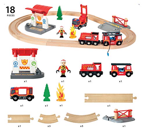 BRIO 33815 Rescue Firefighter Set | 18 Piece Train Toy with a Fire Truck, Accessories and Wooden Tracks for Ages 3 and Up