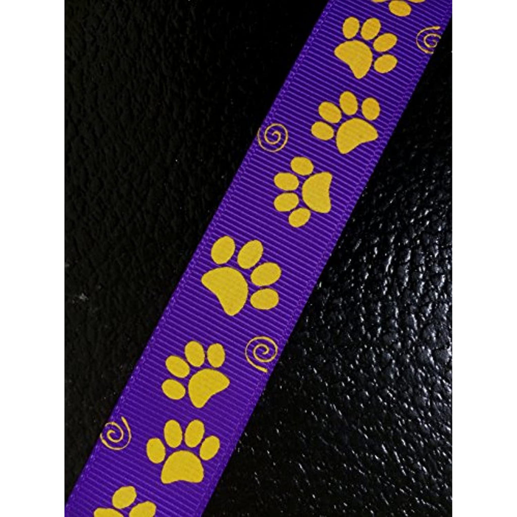 Polyester Grosgrain Ribbon for Decorations, Hairbows & Gift Wrap by Yame Home (7/8-in by 1-yd, 00093985 - yellow paw prints w/purple background)
