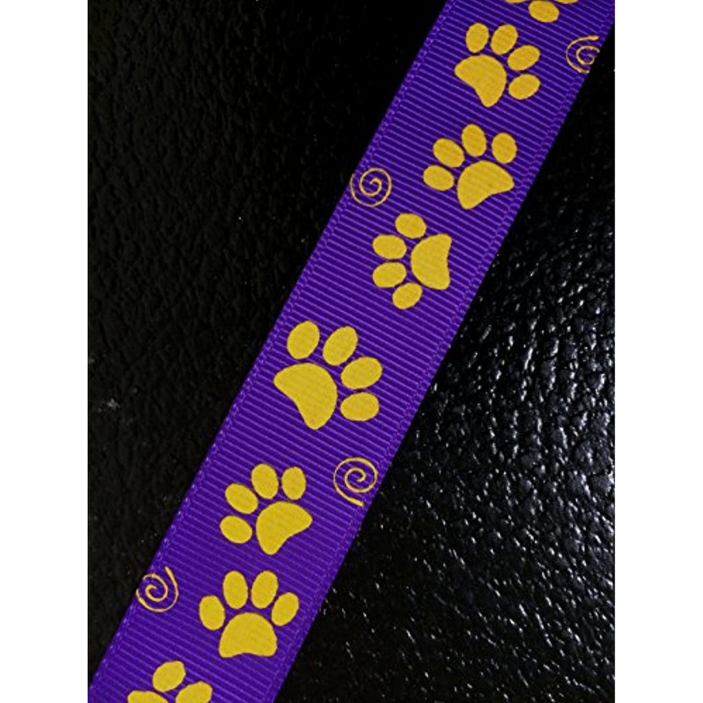 Polyester Grosgrain Ribbon for Decorations, Hairbows & Gift Wrap by Yame Home (7/8-in by 50-yds, 00093985 - yellow paw prints w/purple background)