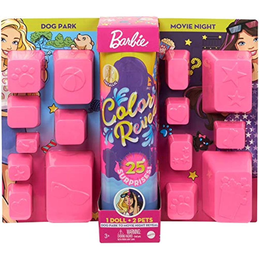 Barbie Color Reveal Doll Set with 25 Surprises Including 2 Pets & Day-to-Night Transformation: 15 Mystery Bags Contain Doll Clothes & Accessories for 2 Looks; Water Reveals Look of Metallic Doll