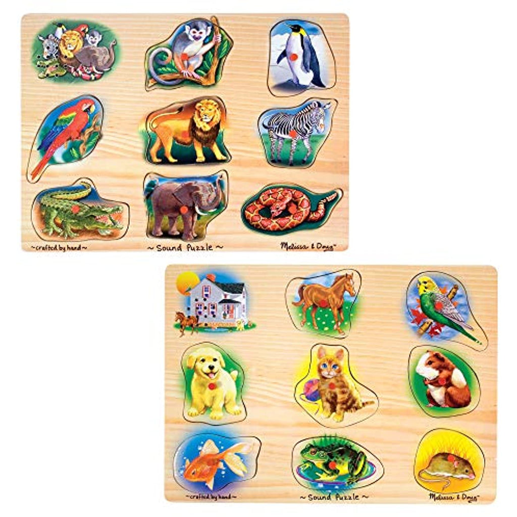 Melissa & Doug Sound Puzzles Set: Pets and Wild Animals - 8-Piece Wooden Peg Puzzles