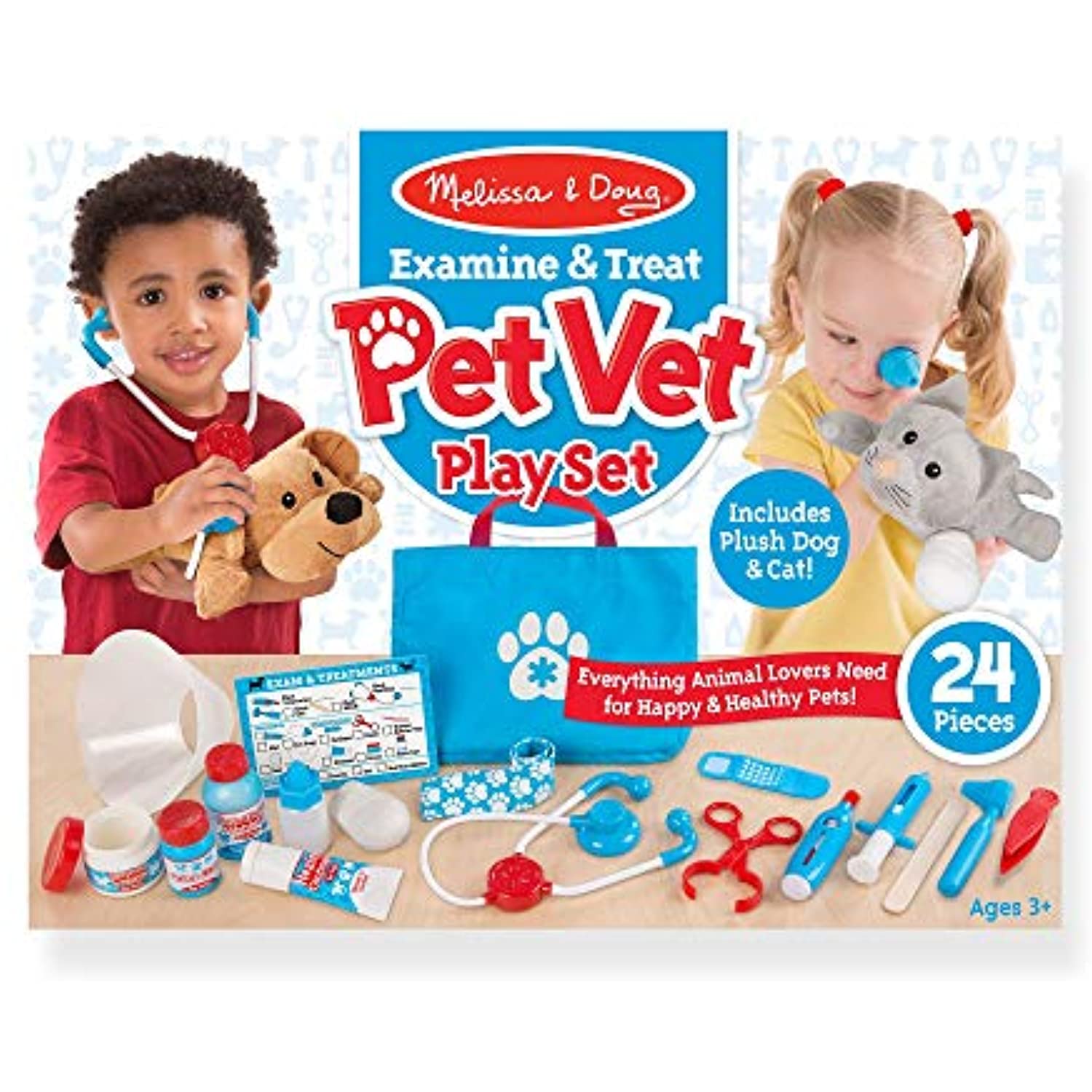 Melissa and Doug LCI8520 Examine and Treat Pet Vet Play Set, 24 Pieces, Complete Toys Set with Plush Dog and Cat, Sold as 1 Set