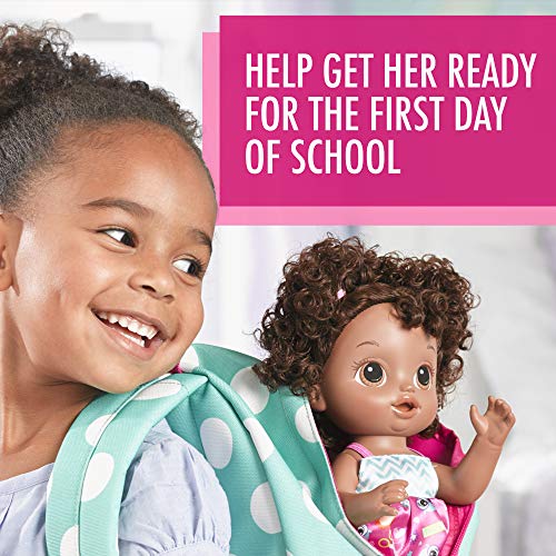 BABY ALIVE READY FOR SCHOOL BABY: Baby Doll with Black Curly Hair, School-Themed Dress, Doll Accessories Include Notebook & Brush, Doll For 3-Year-Old Girls and Boys and Up