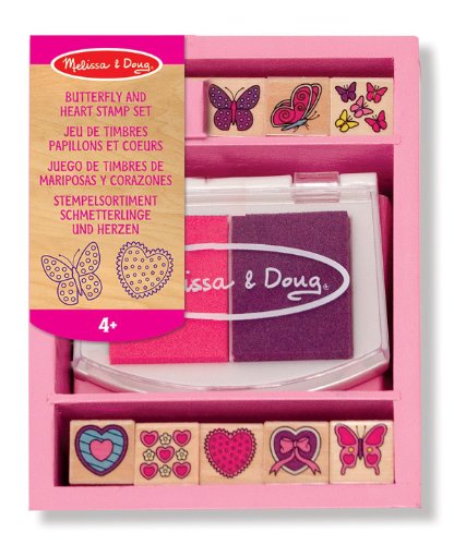 Melissa & Doug Butterfly & Heart Themed Wooden Stamp Set & 1 Scratch Art Mini-Pad Bundle (02415)