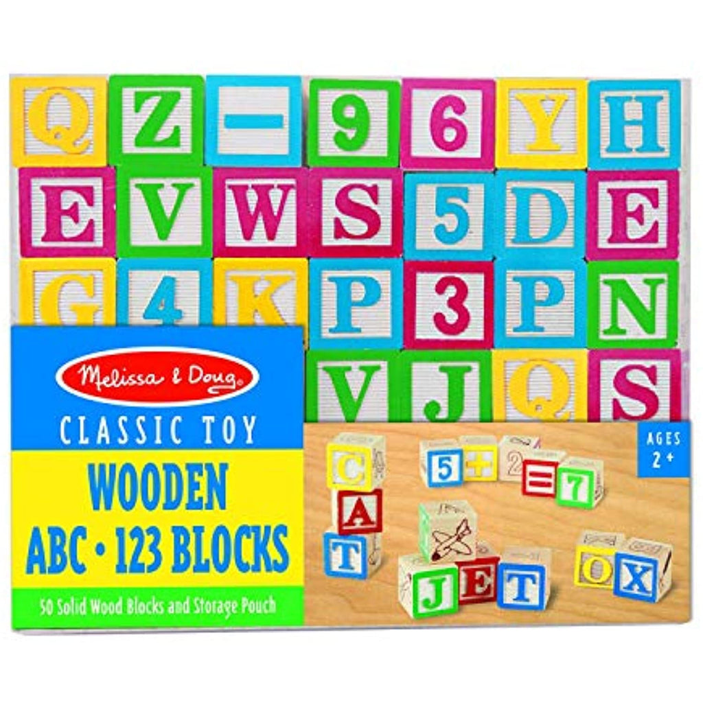 Melissa & Doug Deluxe Wooden ABC/123 Blocks Set with Storage Pouch (50 pcs; Colors May Vary) with Gift Cards