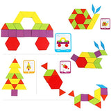 Set of 155 Wooden Pattern Blocks Geometric Manipulative Shape Puzzle Kindergarten Graphical Classic Educational Montessori Tangram Toys for Kids Ages 4-8 Jigsaw Puzzles Gift with 24 Pcs Design Cards