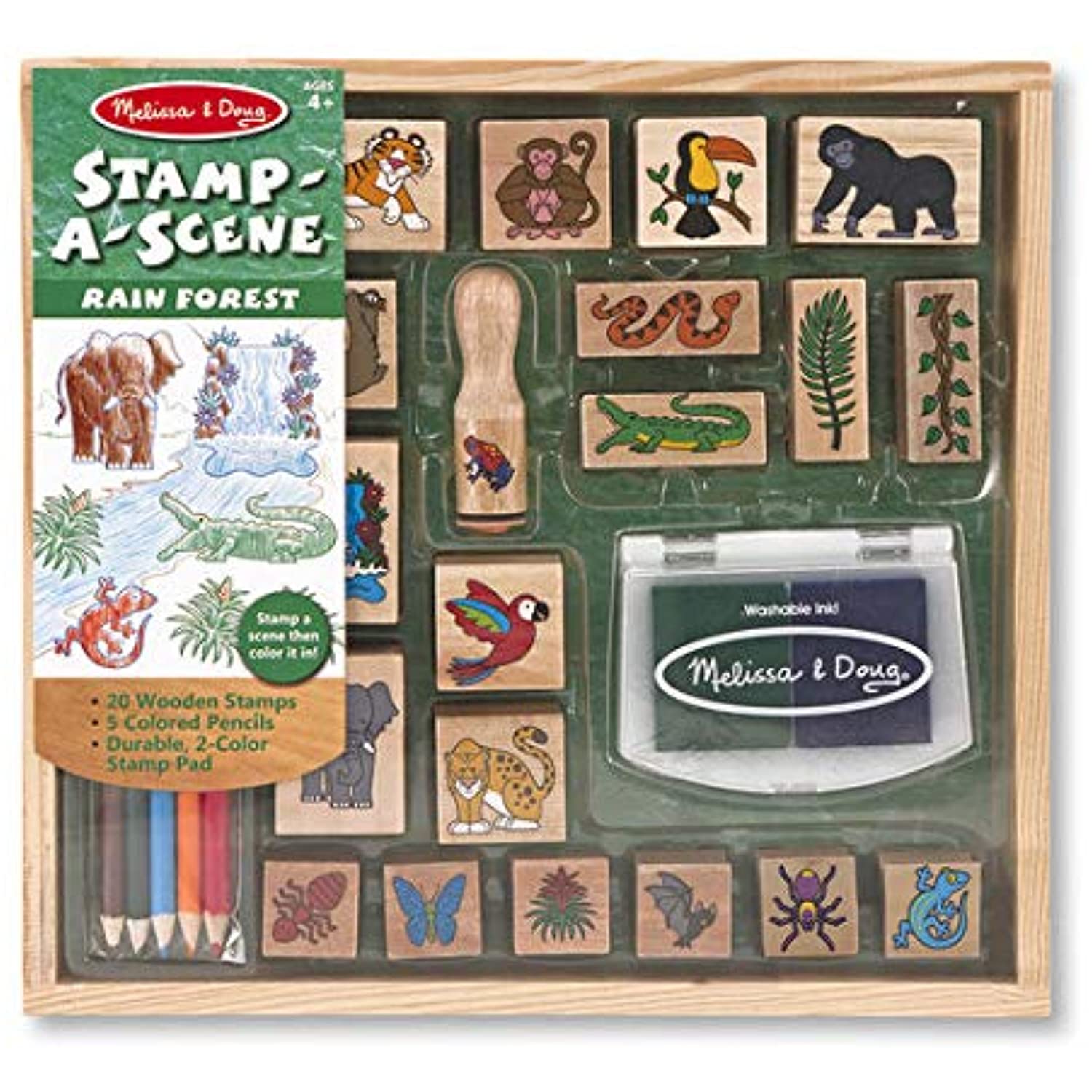 Melissa & Doug Rain Forest: Stamp-a-Scene Wooden Stamp Set & 1 Scratch Art Mini-Pad Bundle (02423)
