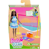 Barbie Loves The Ocean Beach-Themed Playset, with Volleyball Net & Accessories, Made from Recycled Plastics, Gift for 3 to 7 Year Olds