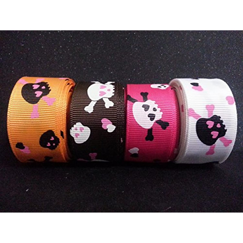 Polyester Grosgrain Ribbon for Decorations, Hairbows & Gift Wrap by Yame Home (7/8-in by 1-yd, white and magenta skulls w/brown background)