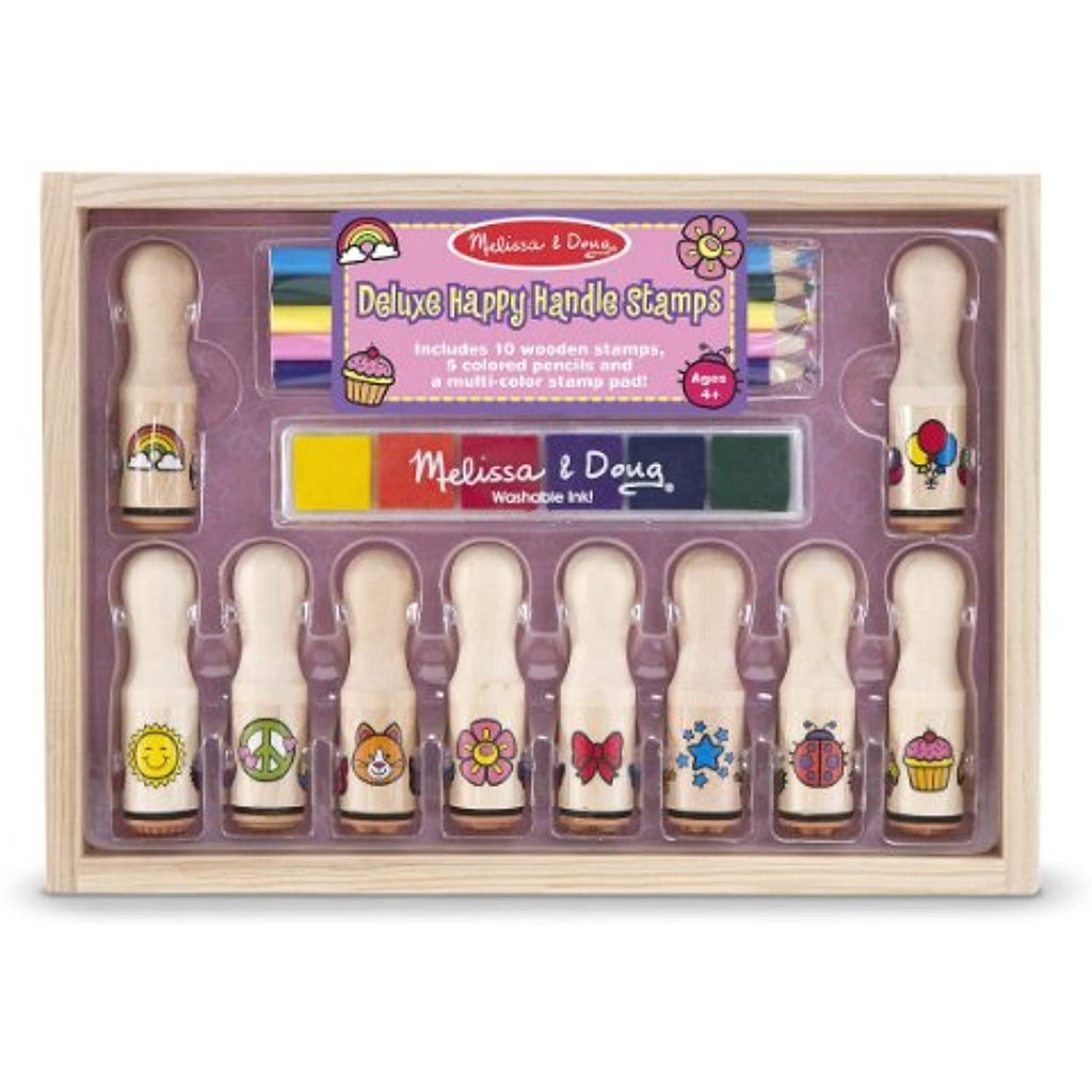 Melissa & Doug Deluxe Happy Handle: Wooden Stamp Set & 1 Scratch Art Mini-Pad Bundle (02306)