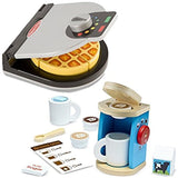Melissa & Doug Bundle Includes 2 Items Press and Serve Wooden Waffle Set (23 pcs) - Play Food and Kitchen Accessories 11-Piece Brew and Serve Wooden Coffee Maker Set