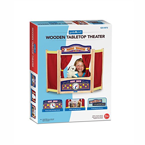 Guidecraft Wooden Tabletop Puppet Theater For Kids - Toddler's Foldable Dramatic Play Imaginative Theater W/ Chalkboard, Curtains and Clock