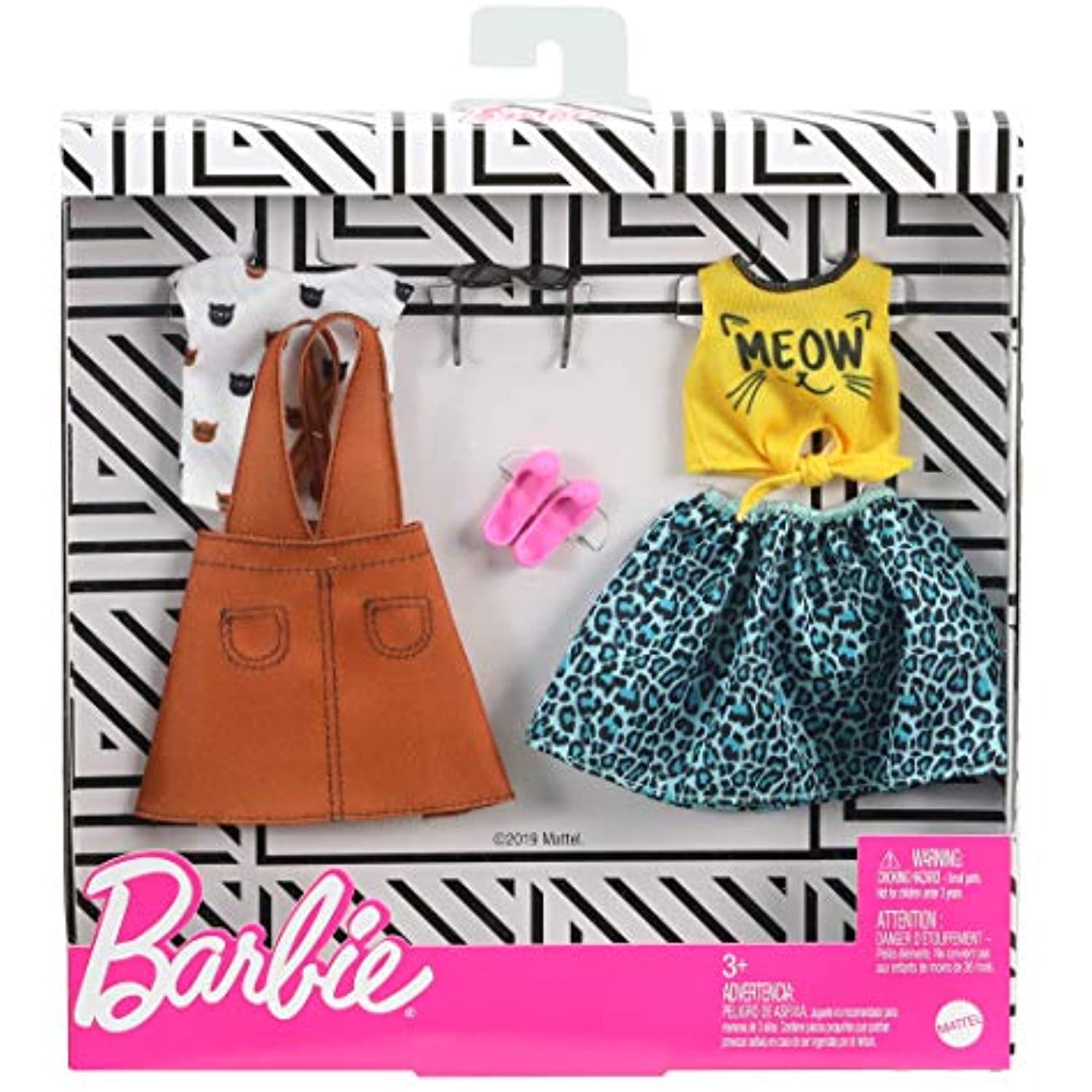 Barbie Fashions 2-Pack Clothing Set, 2 Outfits Doll Include White Tee with Kitty Print, Yellow Meow Tie Shirt, Orange Jumper, Blue Animal-Print Skirt & 2 Accessories