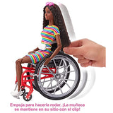Barbie Fashionistas Doll #166, with Wheelchair & Crimped Brunette Hair Wearing Rainbow-Striped Dress, White Sneakers, Sunglasses & Fanny Pack, Toy for Kids 3 to 8 Years Old