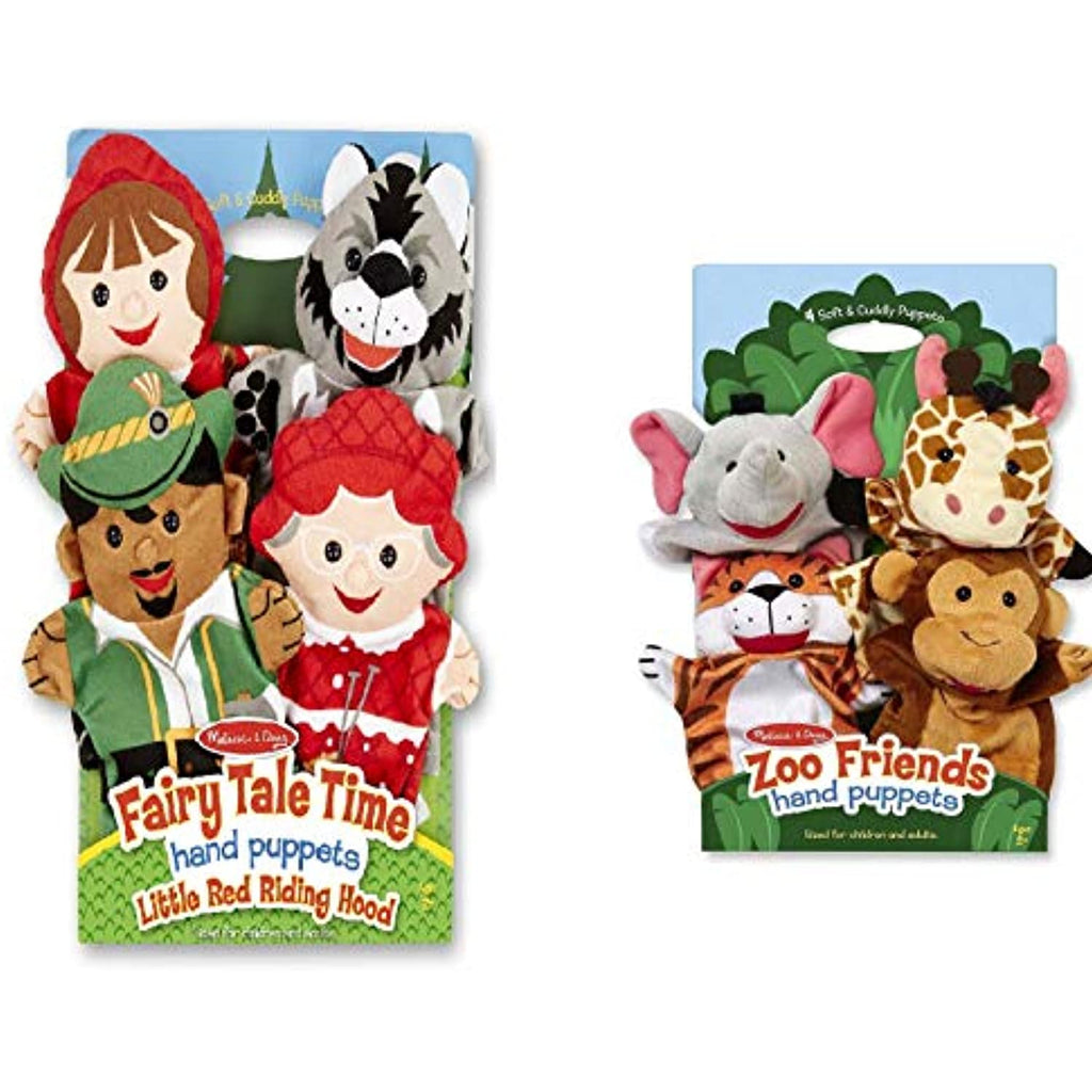 Melissa & Doug Fairy Tale Friends Hand Puppets (Set of 4) - Little Red Riding Hood, Wolf, Grandmother, and Woodsman and Zoo Friends Hand Puppets (Set of 4) - Elephant, Giraffe, Tiger, and Monkey