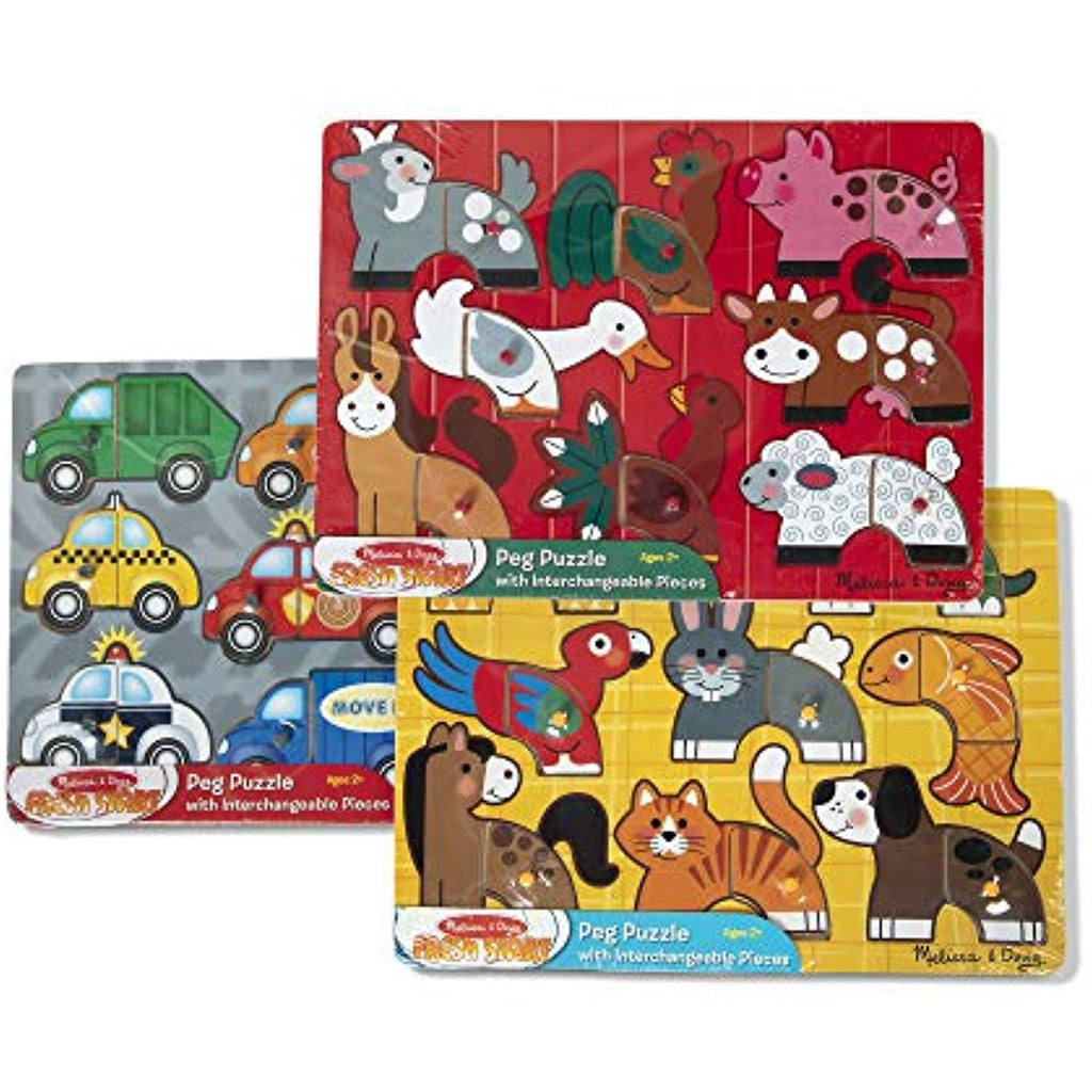 Melissa & Doug Mix 'n Match Wooden Peg Puzzles (Set of 3) - Animals and Cars