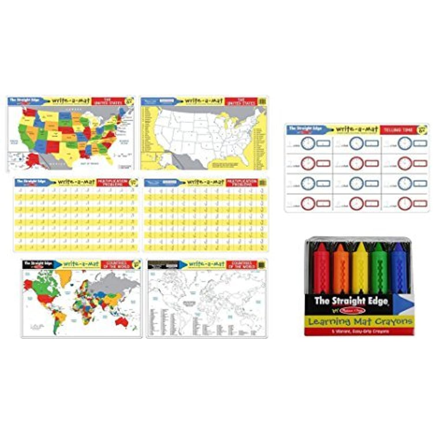 Melissa & Doug Telling Time, United States, Multiplication, Countries Placemats - 4 x Learning Mats for age 6-7 group with bonus Learning Mat Crayons