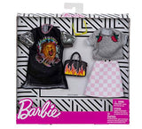 Barbie Clothes: 2 Outfits Doll Include A T-Shirt Dress with Retro Rock Graphic and Flame-Decorated Purse, Gift for 3 to 8 Year Olds