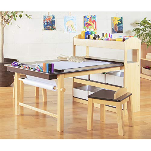 Guidecraft Deluxe Art Center: Drawing and Painting Table for Kids, W/ Two Stools, Craft Supplies Storage Shelves, Canvas Bins, Paper Roll  Preschool Toddler Wooden Learning Furniture