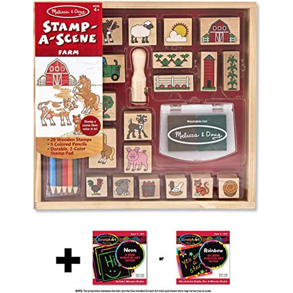 Melissa & Doug Farm: Stamp-a-Scene Wooden Stamp Set & 1 Scratch Art Mini-Pad Bundle (08592)