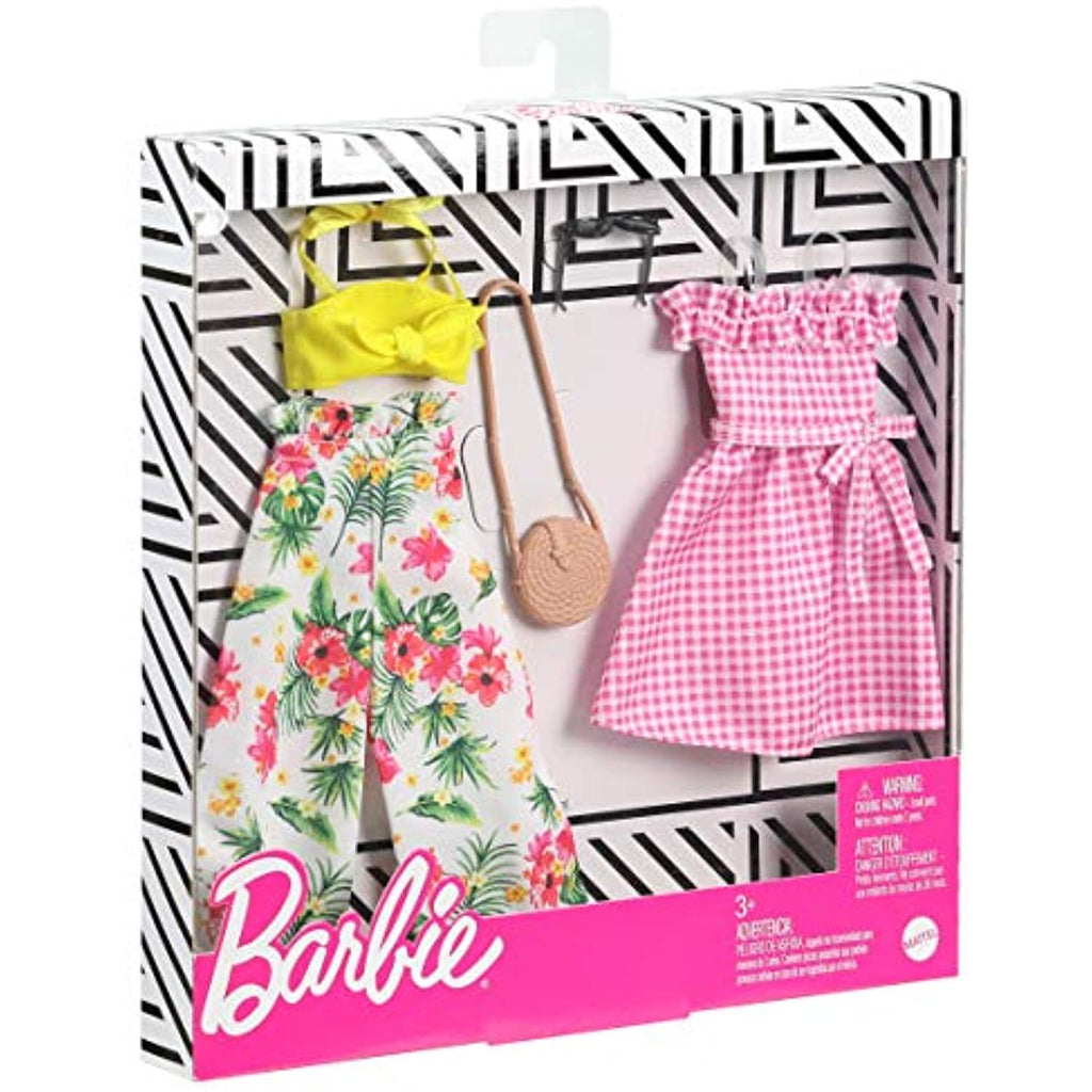 Barbie Fashions 2-Pack Clothing Set, 2 Outfits Doll Include Floral Wide-Legged Pants, a Yellow Bandeau Top, Pink Gingham Dress & 2 Accessories, for Kids 3 to 8 Years Old