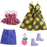 Barbie Fashions 2-Pack Clothing Set, 2 Outfits Doll Include Yellow Plaid Dress, Floral Top, Denim Skirt & 2 Accessories, Gift for Kids 3 to 8 Years Old