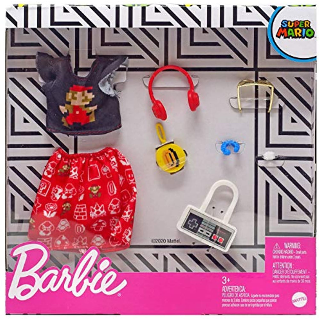 Barbie Storytelling Fashion Pack of Doll Clothes Inspired by Super Mario: Graphic Top, Print Skirt & 6 Video Game-Themed Accessories Dolls, Gift for 3 to 8 Year Olds