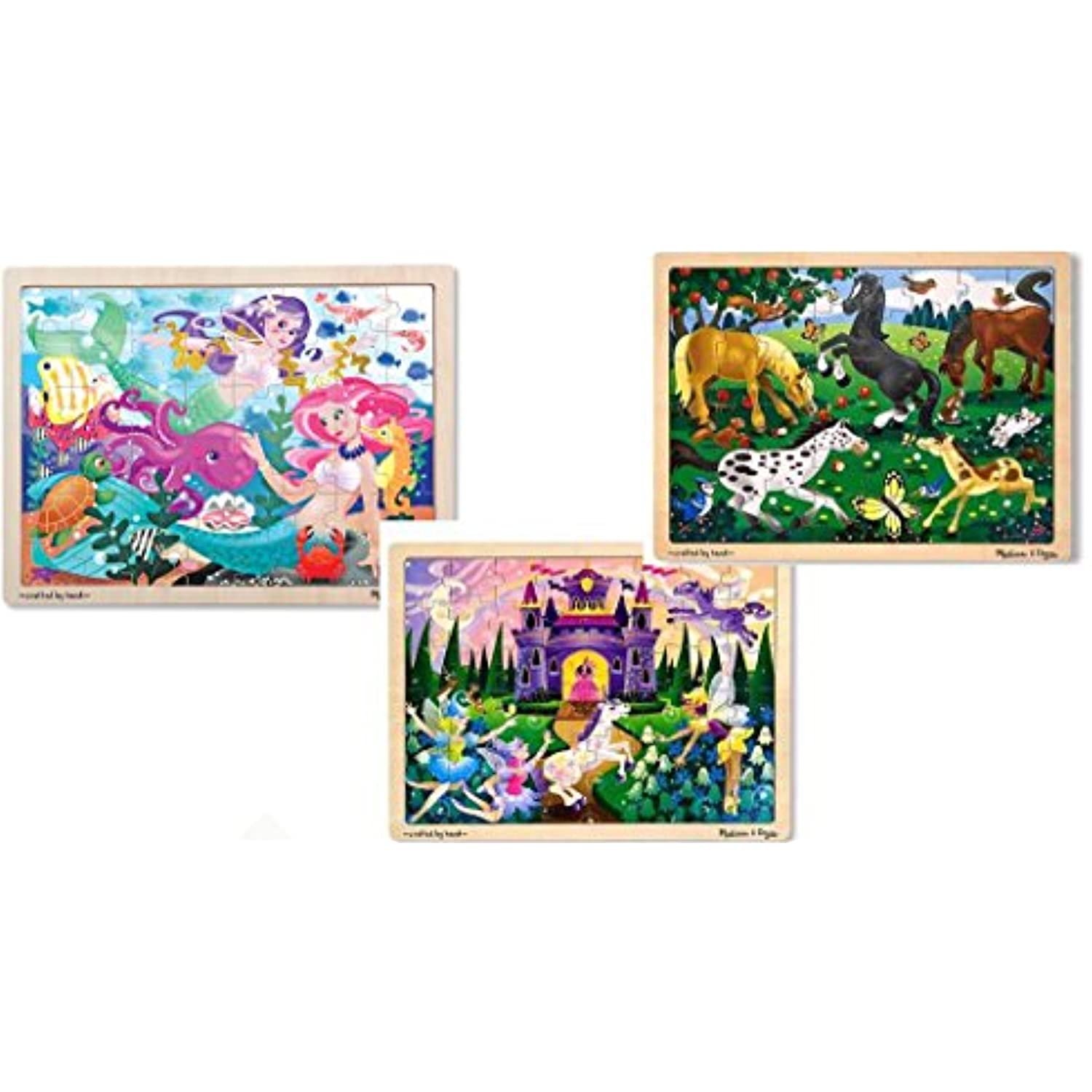 Melissa and Doug Wooden Jigsaw Puzzle 48 pcs Bundle Set Age 4 and up / 1- Mermaid , 1 - Fairy Fantasy, and 1 Frolicking Horses